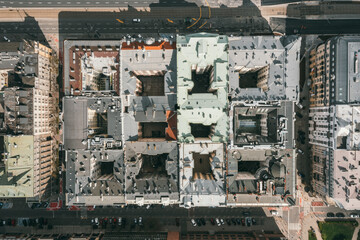 Old buildings in Warsaw. Interesting Architecture. Courtyards-wells view from a drone.