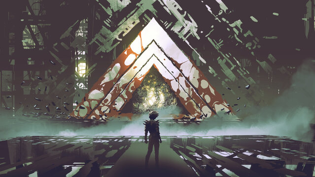 Fototapeta The man standing and looking at the giant mysterious triangular gate, digital art style, illustration painting