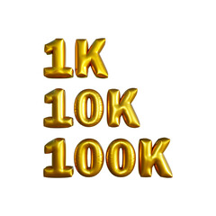 1k,10k, and 100k golden color foil balloon celebration design.3D rendering.