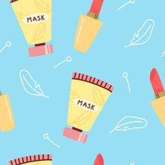 Cream, mask bottle, skin care cosmetic tube in cartoon style. Vector seamless pattern on blue background.