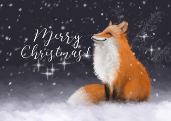 Christmas card with fluffy fox, watercolor style illustration