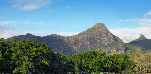 Beautiful mountain landscape of Mauritius island. Picturesque tropical nature.