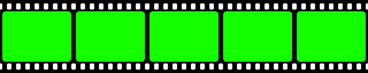 Realistic blank film strip, camera roll. Old retro cinema movie strip with green chroma key background. Analog video recording and photography. Visual effects compositing. Vector illustration