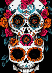 A colourful portrait of a skull and flowers for "dia de los muertos", "Day of the dead".