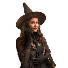 woman dressed as a witch talking on the cell phone looking at the camera portrait