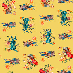 Obraz premium Various cute haunted houses watercolor seamless pattern isolated on yellow.