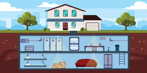 Vector illustration of innovative bunker under the house. Cartoon urban buildings with home sho has rooms underground to protect against natural disasters and nuclear war with ventilation, cabinets. - obrazy, fototapety, plakaty
