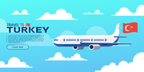 Travel to Turkey poster with flying plane and national flag. Banner for travel agency. Vector illustration.