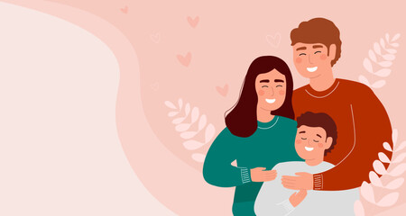 Happy family hugs. Mother, father, son together. Vector graphics. Horizontal banner with copy space.