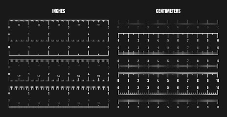 Realistic white centimeter and inch scale for measuring length or height. Various measurement scales with divisions. Ruler, tape measure marks, size indicators. Vector illustration