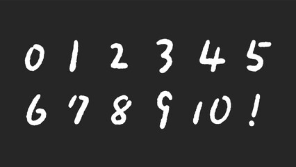 0から10までの手書きの数字と!マークのセット - きれいめな普段の文字･白
