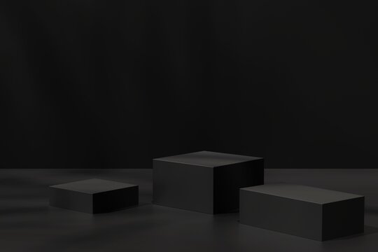 Square podiums on a black background, 3d render