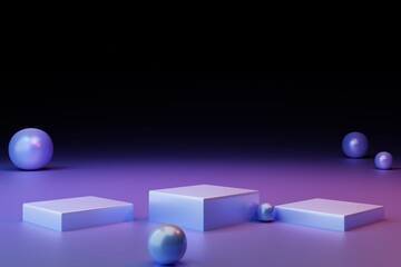 Light square podiums and spheres on a black background, 3d render