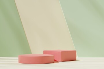 Two red podiums on a green background, 3d render