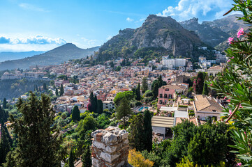 Aerial view of the historic center of Taormina - obrazy, fototapety, plakaty
