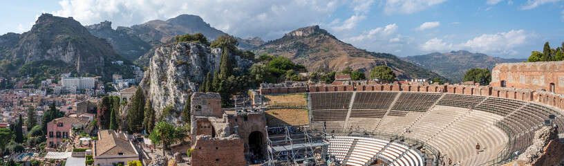 Extra wide angle view of the famous Greek theater of Taormina