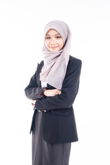 Portrait of Muslim woman in office attire and wearing a hijab. Asian woman in a corporate world. Formal corporate outfit and elegant appearance. Corporate or business people concept. Isolated