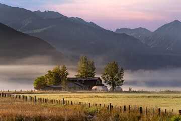 Colorado ranch during the morning with mist