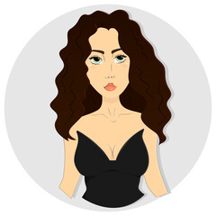 Beautiful brunette woman icon in a circle. Long curly brown hair female avatar user person profile symbol for business or beauty area. Flat vector illustration.