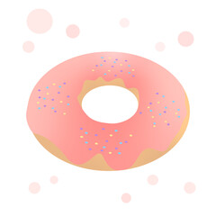 Realistic delicious donut with pink glaze. Simple donut icon isolated on white background with pink bubbles. Flat vector illustration. Bakery, cafe concept