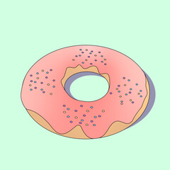 Simple flat colored outline tasty donut with pink glaze. Donut icon isolated on light green background with shadow. Vector illustration. Bakery, cafe concept logo