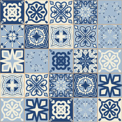 Spanish portuguese ceramic tile in blue color, vintage traditional pattern on square mosaic illustration