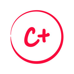 Grading system C . Grades for school with plus sign. Exam result written in red pen. Icon for student and education marker evaluation. Study score scribble