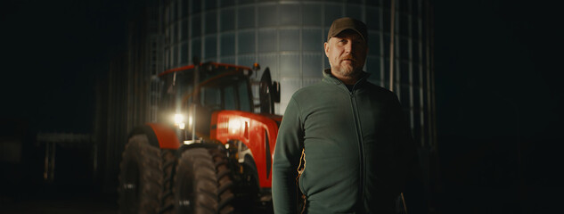 Fototapeta na wymiar Hero shot portrait of 50s farmer posing on the farm near tractor early in the morning before sunrise.