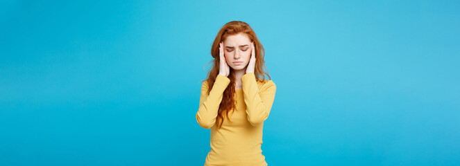 Healthcare Concept - Portrait of young beautiful ginger woman feeling sick and stressful. Isolated...