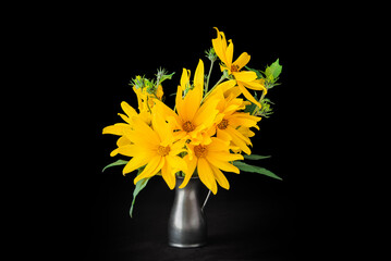 A sunflower in a  vase on a black background.