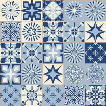 Spanish traditional blue ceramic symmetrical pattern square tiles for kitchen and bathroom decoration