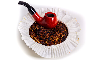 Handmade smoking pipe and tobacco can on a white background