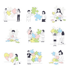 People Assembling Jigsaw Puzzle Connecting Mosaiced Pieces Together Vector Set