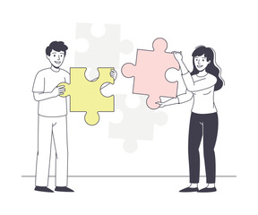 Man and Woman Assembling Jigsaw Puzzle Connecting Mosaiced Pieces Together Vector Illustration