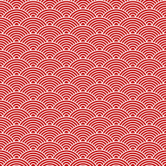 Chinese and Japanese seamless pattern. Traditional asian ornament, oriental New Year decoration. Modern red background, geometric texture with waves. Vector illustration