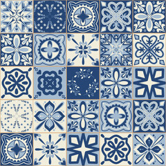Blue ceramic tiles, vintage portuguese style vector illustration for design