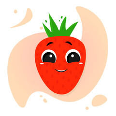 Cute and funny cartoon style strawberry character face. Flat vector illustration. Red and ripe strawberry character with big eyes smiling