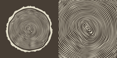 Round tree trunk cut, sawn pine or oak slice. Saw cut timber, wood. Brown wooden texture with tree rings. Hand drawn sketch. Vector illustration - obrazy, fototapety, plakaty