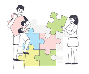 Man and Woman Assembling Jigsaw Puzzle Connecting Mosaiced Pieces Together Vector Illustration