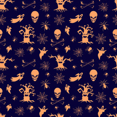 Halloween seamless pattern with ghosts, spider web, evil tree, skull and bones, spiders. Vector Illustration. Flat monochrome Icons on dark background
