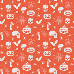 Halloween seamless pattern with bats, spider web, pumpkin, skulls, spiders, zombie hand. Vector Illustration. Flat monochrome Icons on orange background