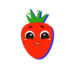 Cute and funny cartoon style strawberry character face icon. Flat vector illustration isolated on white background with shadow. Red and ripe strawberry character with big eyes smiling