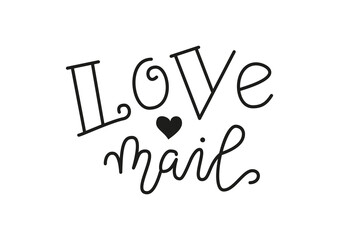 Modern mono line calligraphy lettering of Love mail in black isolated on white for decoration, poster, design elements, greeting card, valentine, Valentines day, mail, postage stamp, gift tag