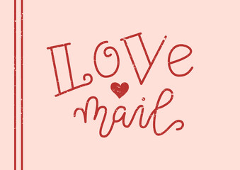 Modern mono line calligraphy lettering of Love mail in red on pink background for decoration, poster, design elements, greeting card, valentine, Valentines day, mail, postage stamp, gift tag