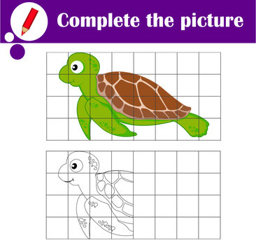 Educational game for children. Copy the picture. Cute sea turtle. Coloring book