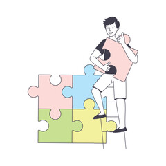 Man Assembling Jigsaw Puzzle Connecting Mosaiced Pieces Together Vector Illustration