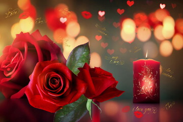  red roses and candle light  on blurred background gold confetti and letters with heart  symbols greetings valentine card