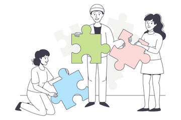 Man and Woman Assembling Jigsaw Puzzle Connecting Mosaiced Pieces Together Vector Illustration