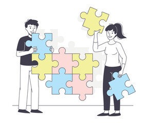 Young Man and Woman Assembling Jigsaw Puzzle Connecting Mosaiced Pieces Together Vector Illustration