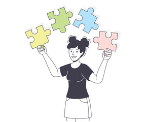 Woman Assembling Jigsaw Puzzle Connecting Mosaiced Pieces Together Vector Illustration